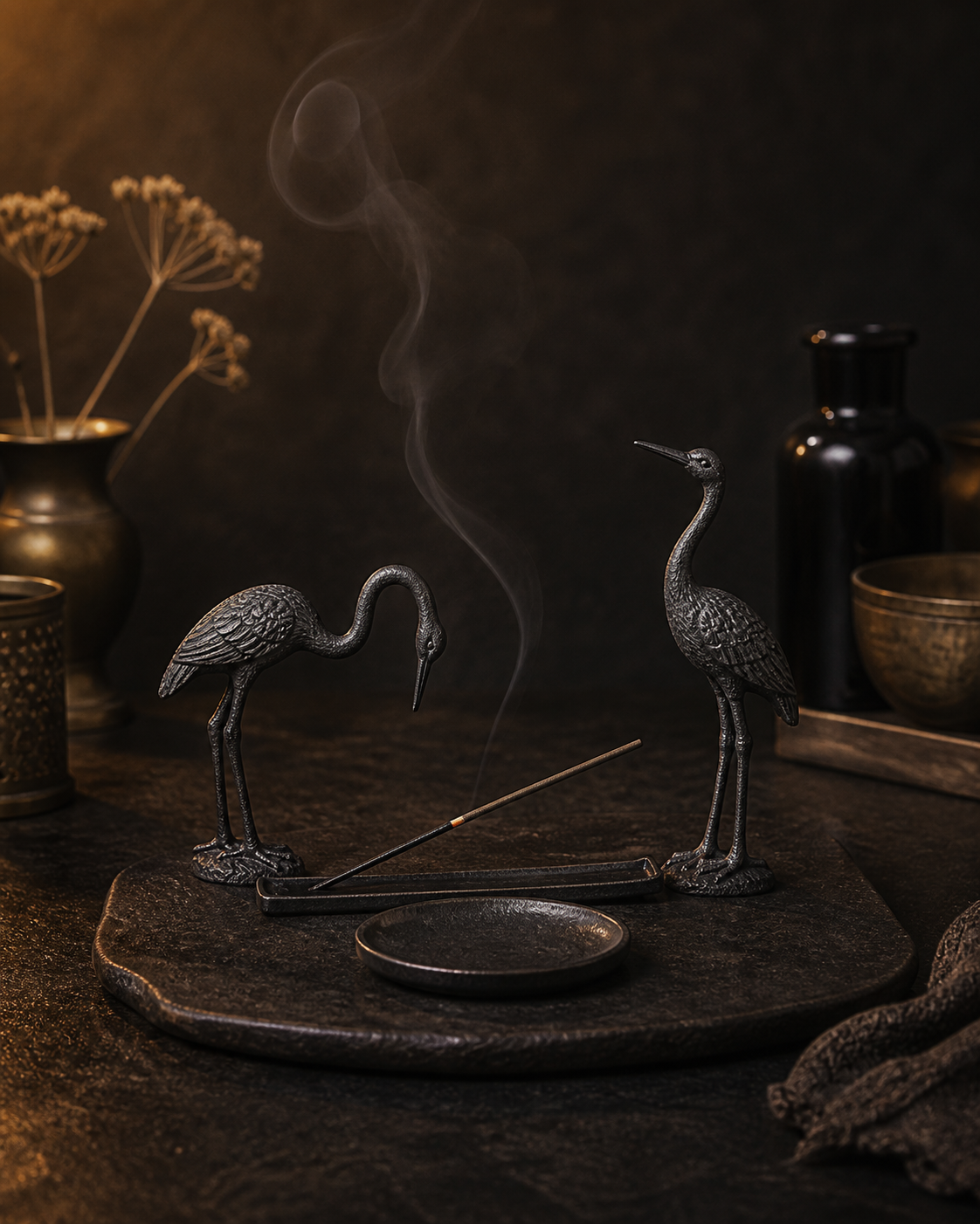 Tsuru cast-iron incense set